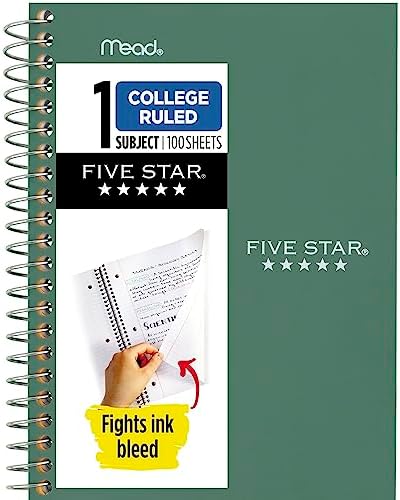 Five Star Personal Spiral Notebook, 1 Subject, College Ruled Paper, 7" x 4-3/8", Small Size, 100 Sheets, Seaglass Green (450022CH1)