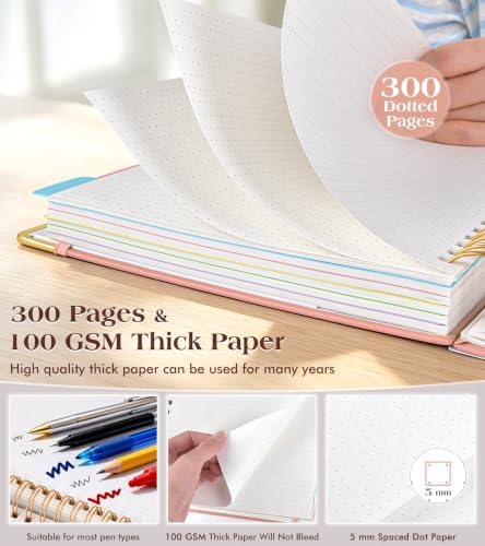 5 Subject Dotted Notebook with Removable Dividers Tabs, 300 Pages Hardcover Leather Dot Grid Spiral Journal, 8"x10" B5 Large Bullet Notebooks for Women Men Work School College Maths Sketching, Pink