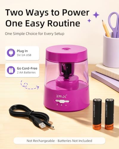 ZMOL Electric Pencil Sharpener, USB or 2 AA Powered, 6-8mm,Fuchsia