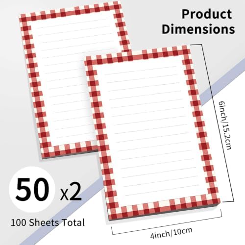 2 Pack Lined Sticky Notes 4x6 in, Cute Self-Stick Notepads with Lines, Large Memo Pads Strong Adhesive for Office, Home Red White Plaid