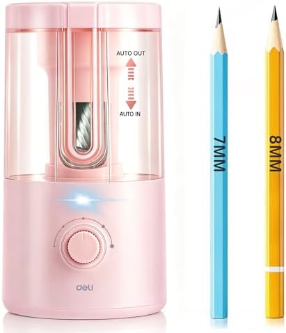 Deli Electric Pencil Sharpener, Fully Automatic Pencil Sharpener for 6.9-8mm No.2 & Colored Pencils, Auto in & Out, Rechargeable Hands-Free Sharpener for Classroom, Home, Office, Pink