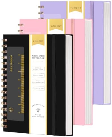 Yoment Graph Paper Spiral Notebook, 3 Pack, 160 Pages per Pack