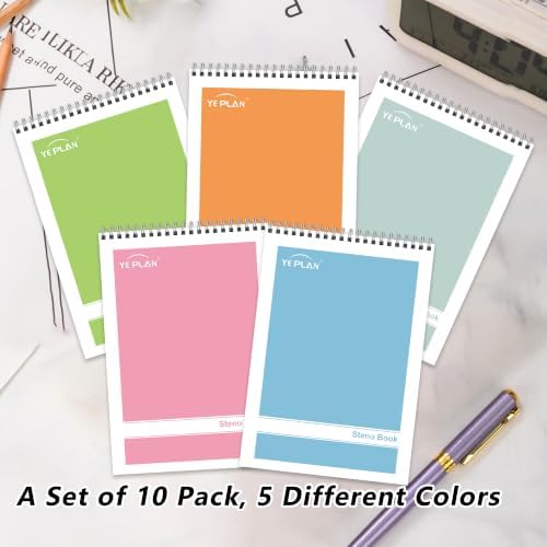 Yeplan Top Spiral Notebook 6x9 10 Pack, Steno Pads Spiral Notebooks with Gregg Ruled White Paper, Notebooks & Writing Pads for School, College, Work, Office, Home, 60 Sheets, 5 Assorted Colors