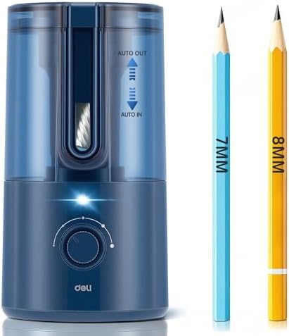 Deli Electric Pencil Sharpener, Fully Automatic Pencil Sharpener for 6.9-8mm No.2 & Colored Pencils, Auto in & Out, Rechargeable Hands-Free Sharpener for Classroom, Home, Office, Blue
