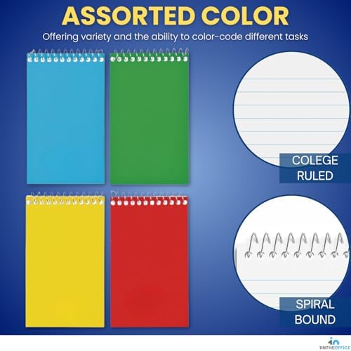 1InTheOffice Wirebound Spiral Memo Books, Memo Pads, 3" x 5", College Ruled, Small Notepad 3x5, Assorted, 75 Sheets/Pad, 25 Pads/Pack