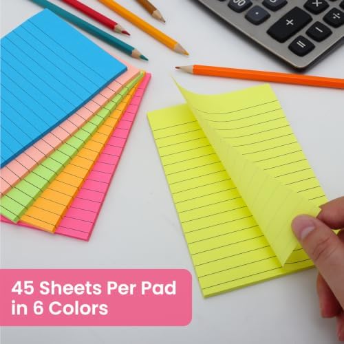 6 Pack 4x6 Lined Sticky Notes, 270 Sheets Super Sticky Memo Pads with Lines