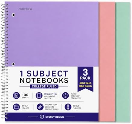 Mintra Office Durable Spiral Notebooks, 1 Subject, (Salmon, Sage Green, Lavender, College Ruled 3 Pack), 100 Sheets, Poly Pocket, Moisture Resistant Cover, Strong back, For School, Office, Business,