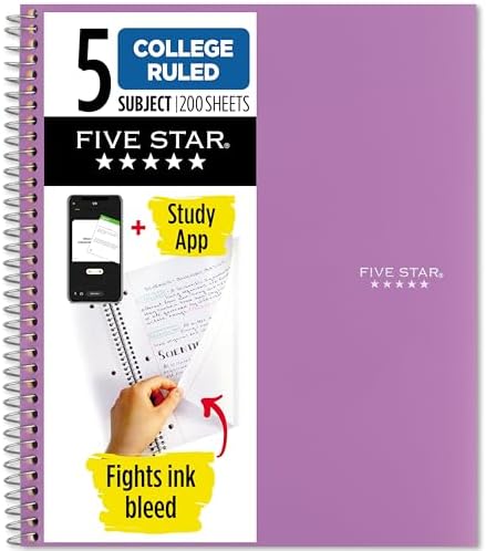 Five Star Spiral Notebook + Study App, 5 Subject, College Ruled Paper, 8-1/2" x 11", 200 Sheets, Fights Ink Bleed, Water Resistant Cover, Amethyst Purple (38748)