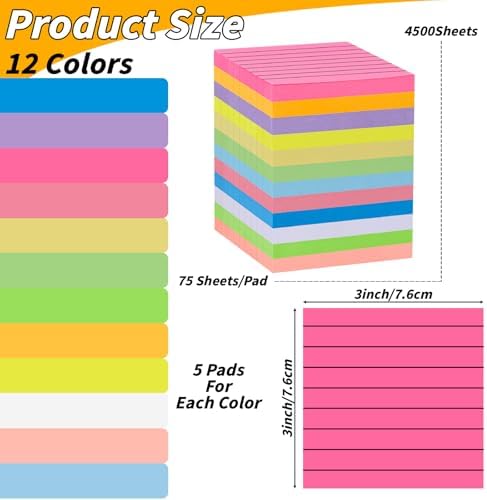 120 Pack Lined Sticky Notes 3x3 Inch 12 Colors Colorful Memo Pads Bulk