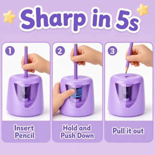 homicozy Electric Pencil Sharpeners for Kids, Cute Small Pencil Sharpener for Home Classroom, Battery Pencil Sharpener Electric Plug in, with Erasers DIY Stickers Note Pad (Purple Battery)