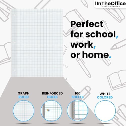 1InTheOffice Binder Graph Paper Loose Leaf, 3 Hole Small Graph Paper, 8x10.5 White, 160 Sheets/Pack