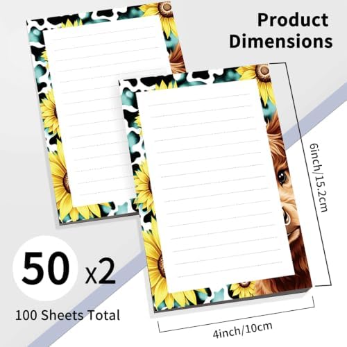 2 Pack Lined Sticky Notes 4x6 in, Cute Self-Stick Notepads with Lines, Large Memo Pads Strong Adhesive for Office, Home Sunflower Cow