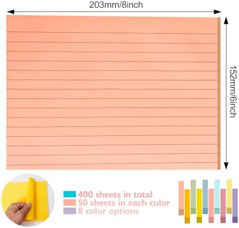 400 Sheets Lined Sticky Notes 8x6in Large,No Ink Bleed-Through,Home/School
