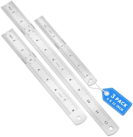 Metal Ruler, 3 Pack, 6, 8, 12 Inch (15, 20, 30 CM) | Metric Ruler