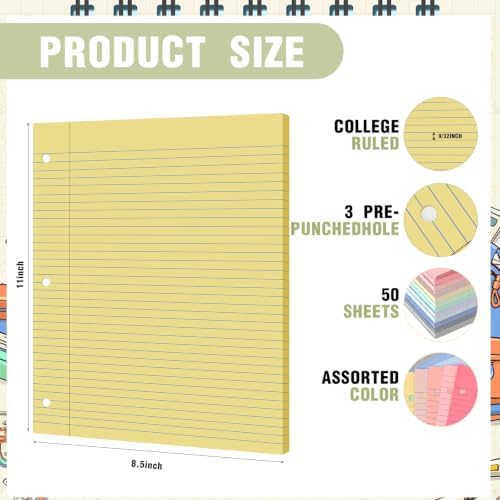 PerKoop 600 Sheets Colored Loose Leaf Paper 8.5" x 11" college ruled Lined 3 Hole Punched notebook Filler Paper for 3 Ring Binders Office School Supplies (Pastel Colors)