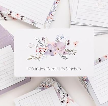 Floral Index Cards by Pure Print and Design | Floral Flash Cards Perfect For Study Sessions & Learning | 100 Cards of Premium Quality with 5 Different Designs | White, Purple and Gray | 3x5 inches