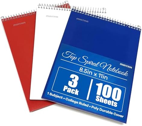 Mintra Office TOP BOUND Durable Spiral Notebooks (Red, White, Blue, College Ruled 3pk)