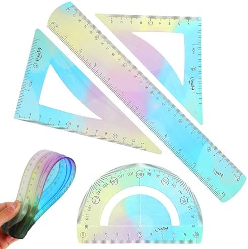 1 Set Flexible Ruler Math Set - Includes Protractor, Triangle Rulers, 12 Inch Straight Ruler, Drafting Geometry Measuring Tool for School, Office, Home Supplies (Gradient Style, Blue)