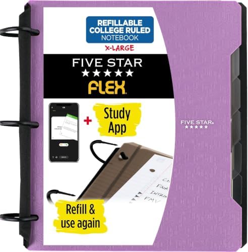 Five Star Flex Refillable Notebook + Study App, College Ruled Paper and 1-1/2 Inch TechLock Ring Binder with Pockets, Tabs and Dividers, 300 Sheet Capacity, Amethyst Purple (29324AB6) (Pack of 6)
