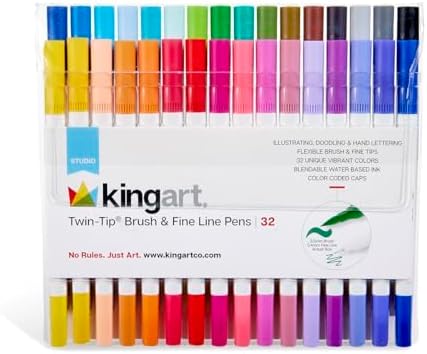 KINGART 32 Double Tip Brush Pens Art Markers, Artist Fine & Brush Pen Coloring Markers for Adult Book Cards Drawing Craft Kit Teacher Office Supplies