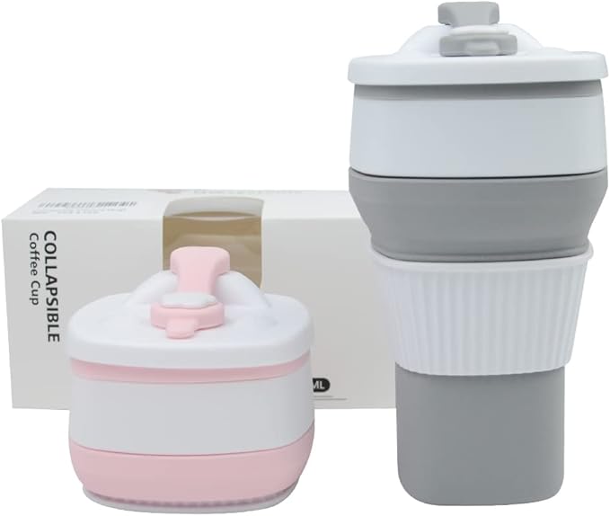 Collapsible Travel Coffee Cups Set of 2 - Silicone Foldable Mugs with Leakproof Lids, BPA Free, Microwave and Dishwasher Safe - 10oz (300ml) for Travel, Office, Camping