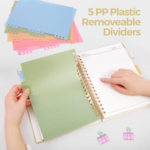 SKYDUE Notebooks for Work, 5 Subject Notebook with Dividers and Tabs, 8" x 10" College Ruled Notebook, 300 Pages Spiral Journal for Women, Green