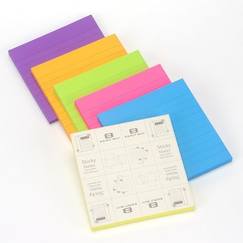 Early Buy Lined Sticky Notes 4x4 in, 6 Bright Colors, 6 Pads, 60 Sheets/Pad