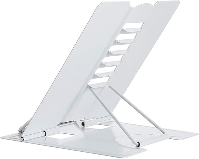 Azheeujy Metal Book Stand Folding Reading Book Holder with 6 Adjustable Angles and Paper Page Clip,Sturdy Desktop Book Holder for Cookbook,Magazine,Textbooks,Document,Music Book,Laptop,Tablet (White)