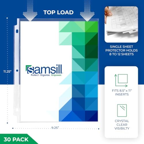 Samsill 30 Pack Heavy Duty Sheet Protectors, Crystal Clear, 8.5x11 Inch Page Protectors for 3 Ring Binder, Letter Size Protectors with Reinforced Holes, Clear Document Sleeve, Top Loading, Acid Free