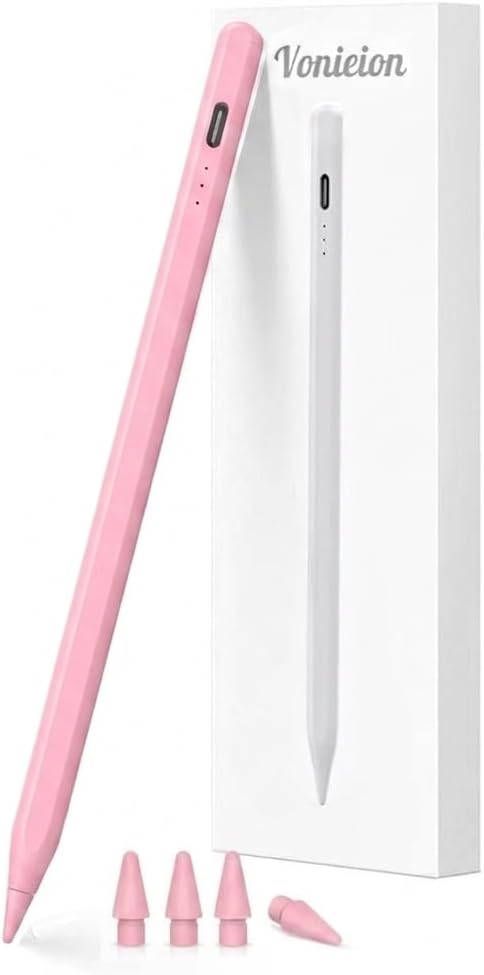 Stylus Pen for iPad with Shortcuts & Battery Display – 15-Min Fast Charge, Palm Rejection, Tilt Sensitivity, Magnetic – Compatible with iPad Pro/Air/Mini (2018-2026) – Pink