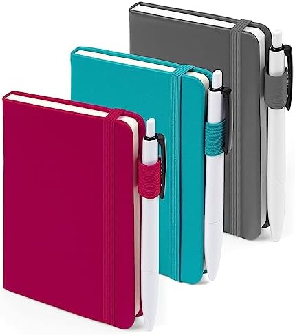 feela Pocket Notebook Journals, Mini Cute Small Hardcover College Ruled Notepad Office School Supplies, with 3 Black Pens, 3.5”x 5.5”, 3 Pack, A6, Solid Colors, Gray, Berry, Emerald