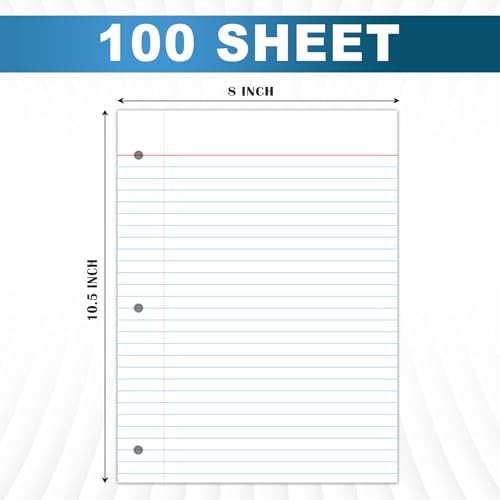 Loose Leaf Paper, 100 Sheets, Wide Ruled Filler Notebook Paper, 8" x 10.5", Bulk Notebook Papers,3 Hole Punched Loose Leaf Paper for 3 Ring Binders,Loose Leaf Office Paper, (White)