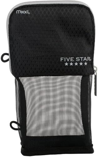 Five Star Pencil Pouch, Pencil Case, 1-Pocket Pouch, Fits 3 Ring Binder, Stand 'N Store, 2" x 4-1/2" x 8", Black/Grey (505160A-ECM) (Pack of 12)