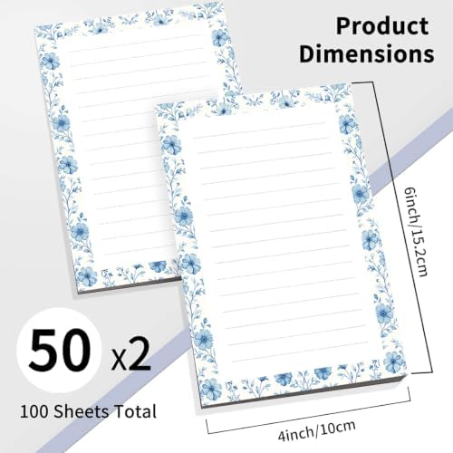 2 Pack Lined Sticky Notes 4x6 in, Cute Self-Stick Notepads with Lines, Large Memo Pads Strong Adhesive for Office, Home Cute Blue Flowers