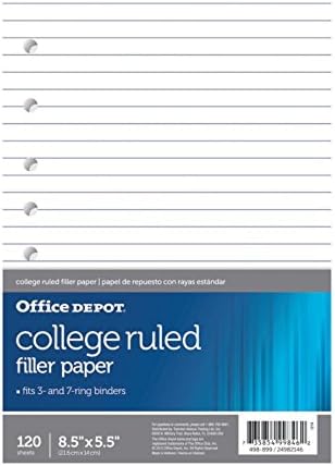 Office Depot Brand Filler Paper, College-Ruled, Mini Binder Paper, 7-Hole Punched, 8-1/2" x 5-1/2", 120 Sheets