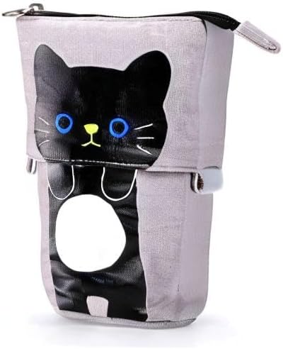 Telescopic Pencil Pouch Standing Pen Holder Cute Pencil Bags Stand Up Pen Case Cartoon Pencil/Pens Storage Box Canvas+PU Stationery Organizer Makeup Bag with Zipper Closure (Gray)