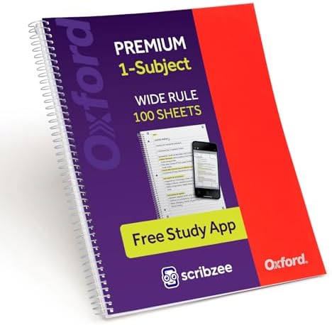 Oxford Spiral Notebook with Free Study App, 1 Subject, Wide Ruled, Ultra Smooth Paper, No Ink Bleed-Through, Strong Poly Red Cover, Durable 2 Sided Pocket, 100 Easy Perforated 8.5" x 11" Sheets