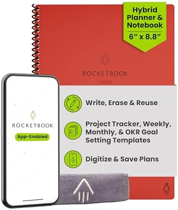 Rocketbook Fusion Reusable Undated Productivity Planner, Executive Size 6x8.8, Red - Goals, Monthly and Weekly Calendar, Daily To-do List, Lined and Dotted Notes Pages
