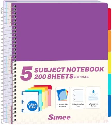 SUNEE 5 Subject Notebook College Ruled - 400 Pages, 9"x11", 5 Pocket Colored Dividers, 3-Hole Punched Paper, Dark Purple