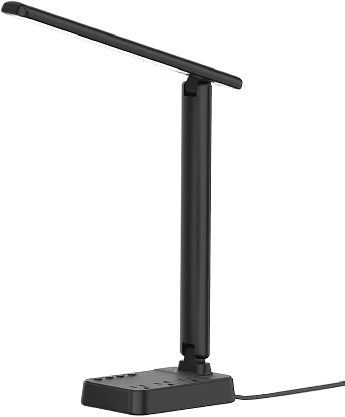 LED Desk Lamp with Power Strip, 3 AC Outlets & 4 USB Ports (2 USB-C), Stepless Dimming & 2800K-6500K Eye-Caring Desk Light, Foldable Table Lamp with 10FT Cord for Home Office, Dorm Room Essentials