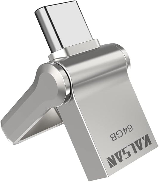 Type C USB Flash Drive 64GB 2 in 1 USB Sticks OTG Type C+ USB 3.0 Dual Drive Waterproof Memory Stick with Keychain Metal-Silver Color