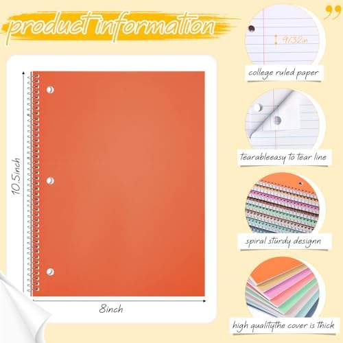Teling 8 Pcs 1 Subject Spiral Notebook for Work College Ruled 8 x 10 1/2 Inch Spiral Journal Notebook 3 Hole Punched Paper Tear Line 70 Sheets Office School Study Supplies(Cute Color,8 Pcs)