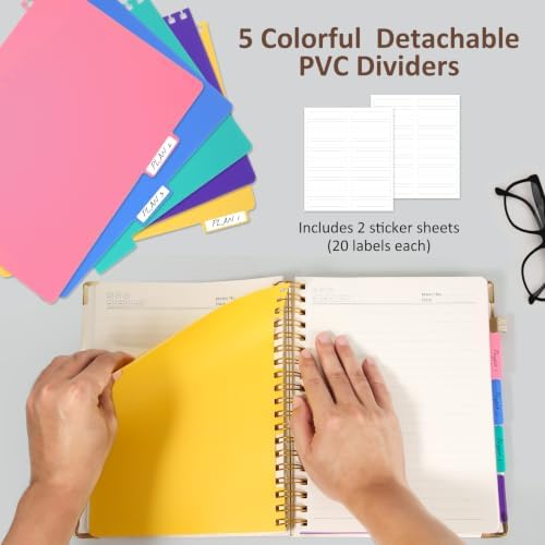Hardcover Spiral Notebook Journal, 8"x10" Large B5 Notebooks with Removable Dividers Tabs, 300 Pages Leather 5 Subject Notebook College Ruled, Lined Journal for Women Work School Note Taking, White