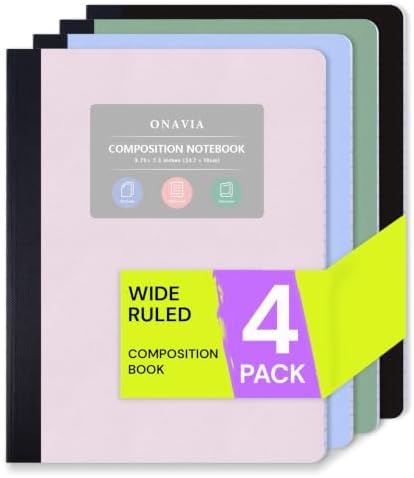 ONAVIA Plastic Composition Notebook Wide Ruled 4 Pack, 160 Pages, Assorted