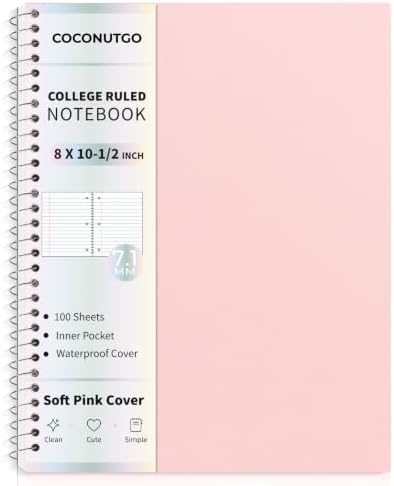 Pastel Pink Spiral Notebook, 1 Subject College Ruled, 10.5 x 8 in, 100 Sheets, 3-Hole Punched Perforated Pages, Flexible Plastic Cover, Double Pocket Folder for School Notes