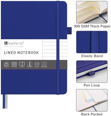 &And Per Se Lined Journal Notebook – A5 5.7”x8” College Ruled, 160 Pages, 100gsm Thick Paper, Journaling Notebooks for Writing (Royal Blue)