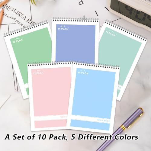 Yeplan Top Spiral Notebook 6x9 10 Pack, Steno Pads Spiral Notebooks with Gregg Ruled White Paper, Notebooks & Writing Pads for School, College, Work, Office, Home, 60 Sheets, 5 Light color
