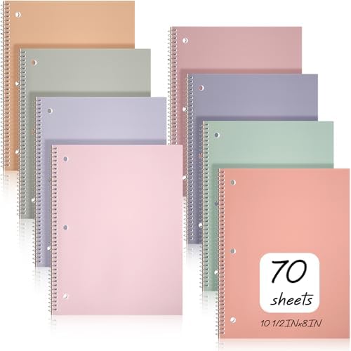 Teling 8 Pcs 1 Subject Spiral Notebook for Work College Ruled 8 x 10 1/2 Inch Spiral Journal Notebook 3 Hole Punched Paper Tear Line 70 Sheets Office School Study Supplies(Bright Color,8 Pcs)