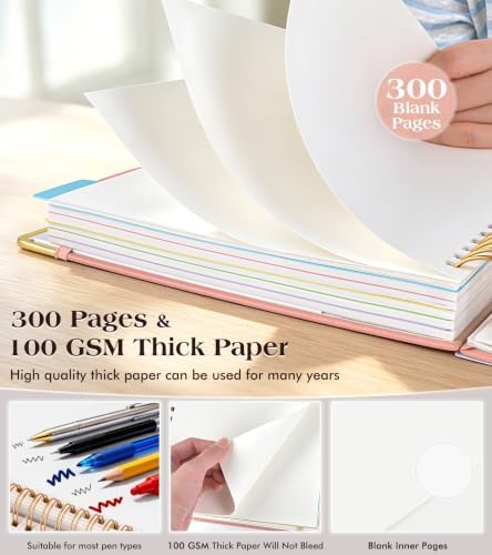 5 Subject Blank Notebook with Removable Dividers Tabs, 300 Pages Hardcover Leather Sketch Book Spiral Journal, 8"x10" B5 Large Sketchbook Notebooks for Women Men Work School Sketching Drawing, Pink