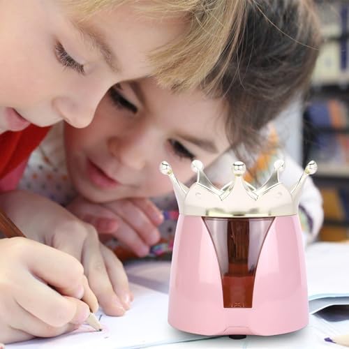 Automatic Electric Pencil Sharpener – 2AA Battery, Ideal for No.2 and Colored Pencils – Perfect for School, Home, Office, and Classroom Use – Crown Design (Pink)